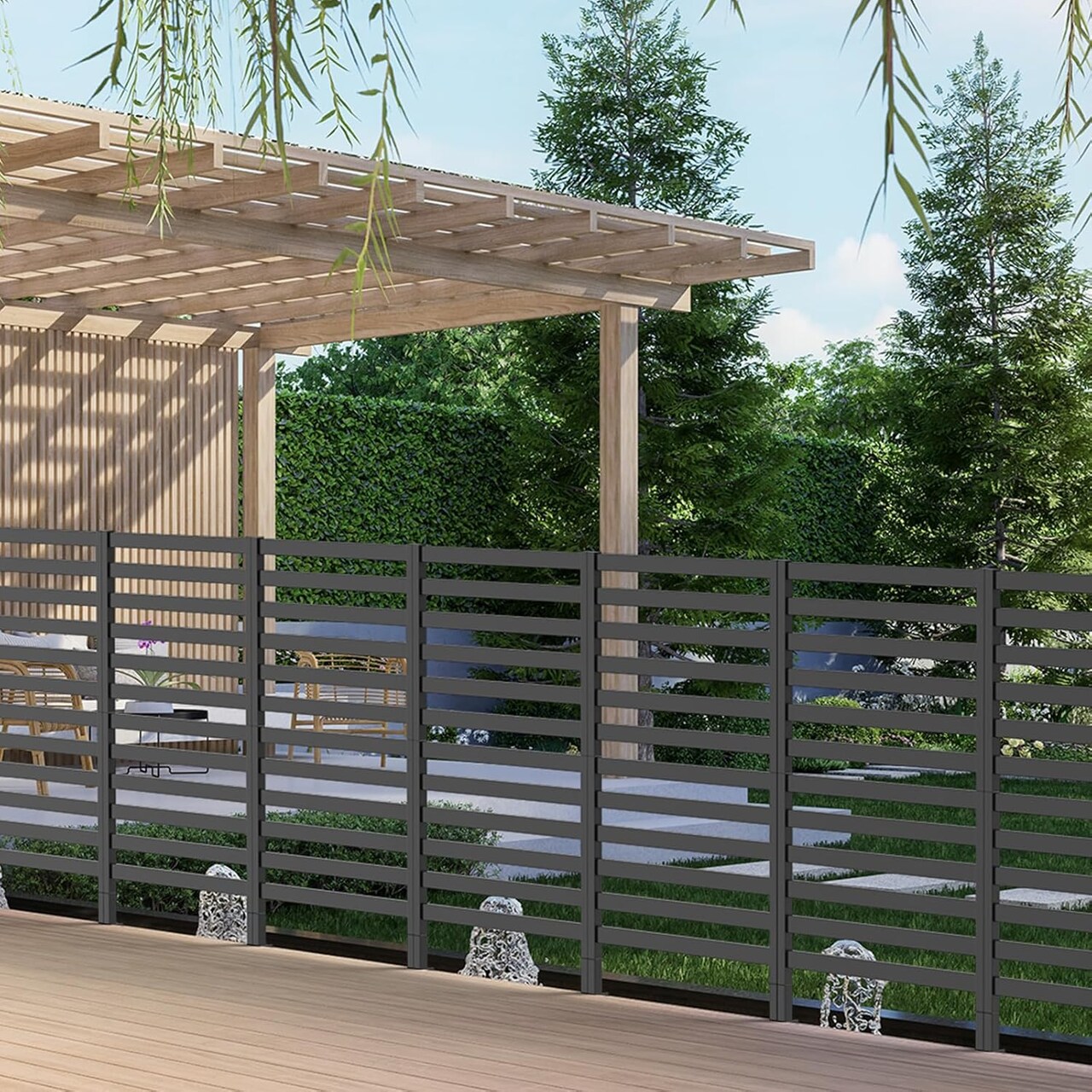 Black Metal Outdoor Privacy Screen – 12-Panel Adjustable Garden Fence with 6 Stakes, Weather-Resistant Patio Divider for Yard, AC Units, and Pool Areas